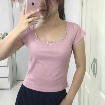Ribbon Rib Knit Square Neck Slim Fit Crop Short Sleeve Tee