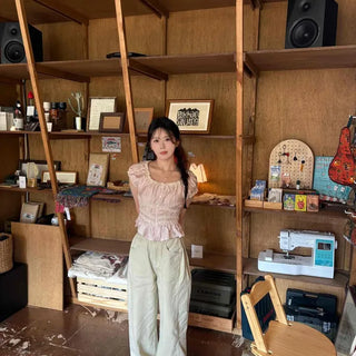 Peach Cotton Pintuck Side Folding In-Banding Snap Button Two-Way High-Waisted Wide Loose Fit Long Pants