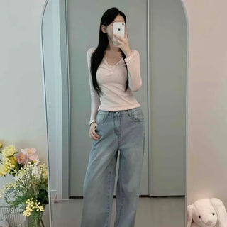 Wide Mid-Rise Vintage Washed Elastic Waist Pocket Jeans