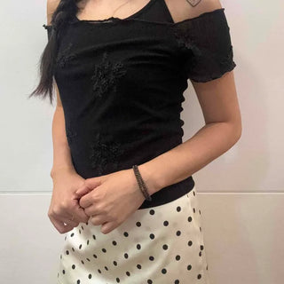 Boat Neck Cap Sleeve Flower Embroidery Crochet See-through Layered Crop Short Sleeve Tee