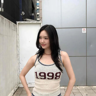 Number Color Block Weave Slim Fit Strap Sleeveless Top