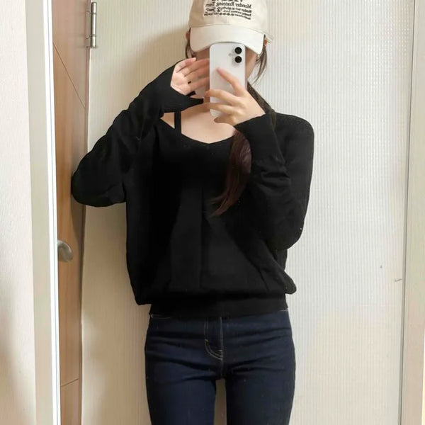 V-Neck See-Thin Loose Fit Layered Long Sleeve Knit