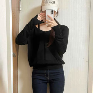 V-Neck See-Thin Loose Fit Layered Long Sleeve Knit