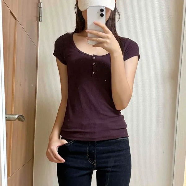 Modal Ribbed Button Slim Fit Short Sleeve T-shirt