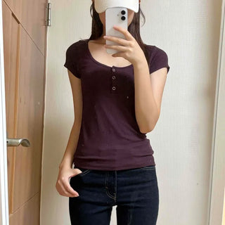 Modal Ribbed Button Slim Fit Short Sleeve T-shirt