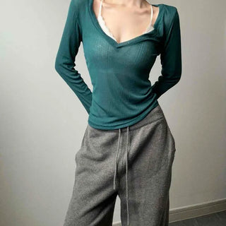 Deep V-Neck Ribbed See-Through Layered Long Sleeve T-Shirt