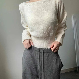 Boat Neck Loose Fit Cropped Long Sleeve Knit