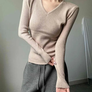 V-Neck Ribbed Thick Delicate Fit Basic Knit