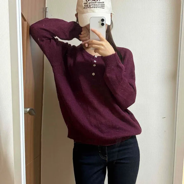 Henley Neck Button See-through Layered Oversized Knit Long Sleeve T-shirt