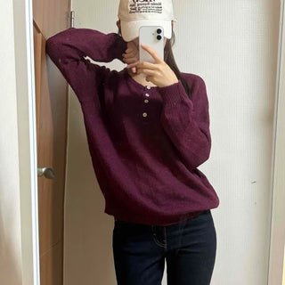 Henley Neck Button See-through Layered Oversized Knit Long Sleeve T-shirt