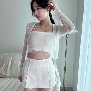 Yoru Chiffon See-through Sleeveless Crop Pleated Frill Layered Two-Piece Set