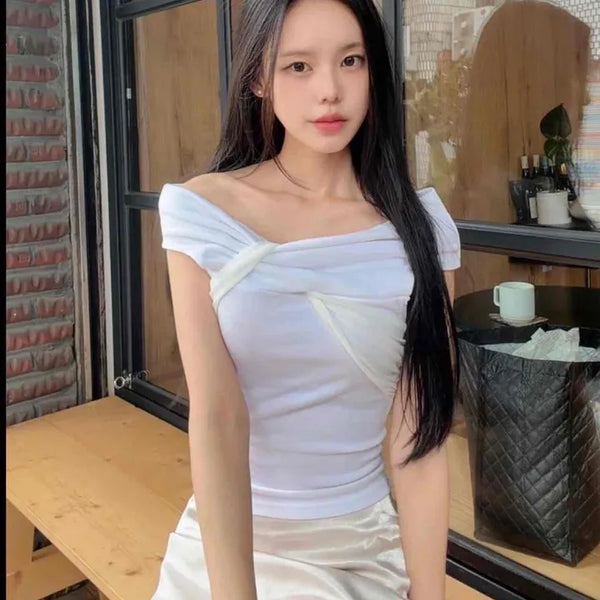 Boat Neck Cap Sleeve Cutout Crop Short Sleeve Tee
