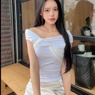 Boat Neck Cap Sleeve Cutout Crop Short Sleeve Tee