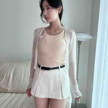 High-waisted Pleated Belted Cotton Blend Mini Skirt