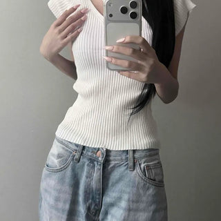 Ribbed Deep V-Neck Back Ribbon Cap Sleeve Slim Knit Short Sleeve Tee
