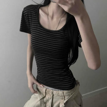 Striped Stretchy Mochi Cinched Waist Crop Short Sleeve Tee