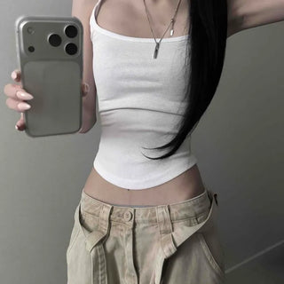 Ribbed Square Neck Stretchy Slim Fit Semi-Crop Inner Sleeveless