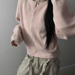 Round Neck Leather Patch Sleeve Wool Loose Fit Knit Cardigan