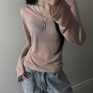 V-Neck Tencel See-through Bracket Slim Fit Long Sleeve T-Shirt
