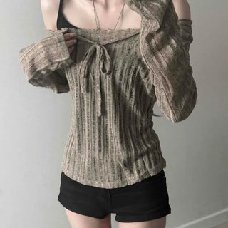 Ribbed Knit Off-Shoulder Back Ribbon Stretch Layered Long Sleeve T-shirt