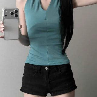 Halter Neck Deep V-Neck Line Layered Slim Fit Spandex Sleeveless