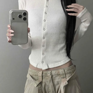 Ribbed Snap Button Cinched Waist Crop Layered Knit