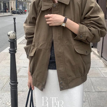 Aven Utility Washed Blouson, Collar Zipper Elastic Hem Field Jumper Cotton Loose Fit Oversized Fit Spring/Autumn Daily