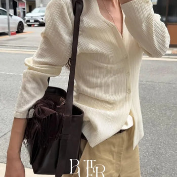 Low Pleated Cardigan, V-neck Pleated Slim Fit Long Sleeve Cardigan