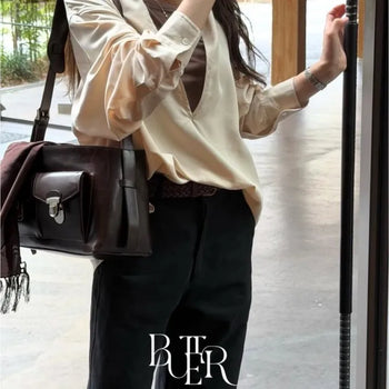 Leo Deep V-neck Blouse, Deep V-neck Collared Shirt, Loose Fit Long Sleeve Blouse