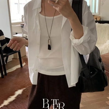 Rian Cotton Crop Shirt, Fine Cotton Boxy Loose Fit Short Long Sleeve Natural Layered Summer Autumn Shirt