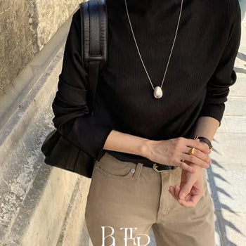 Roy Pleats Soft High-Neck Top, Fine Pleats Pleated Stand Neck Semi-High Long Sleeve Layered T-Shirt