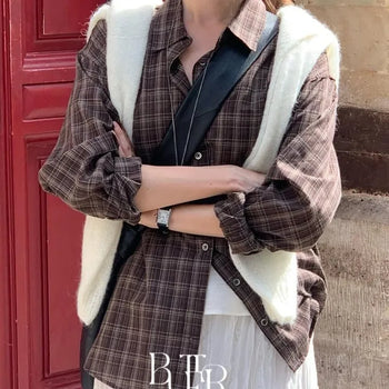 Daphne Check Shirt, Loose Fit Oversized Crinkly Boxy Long Sleeve Autumn Vintage Daily Layered Shirt