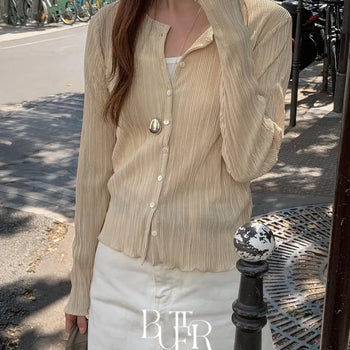 Emil Frill Pleated Cardigan, Fine Pleated Wavy See-through Long Sleeve Delicate Summer Transitional Layered Knit