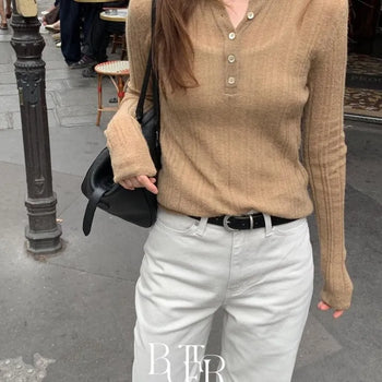 Merci Alpaca Henley Neck Knit, Ribbed Slim Fit Delicate Button Long Sleeve Knit, Transitional Season Daily Look