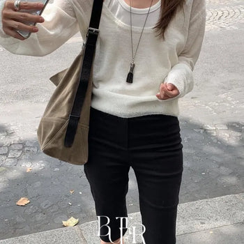 Erna Mohair Deep U-Neck Knit, Loose-Fit Delicate Wool See-Through Layered Long-Sleeve Autumn Top