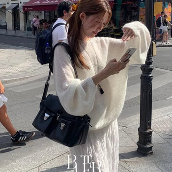 Raw Mohair Balloon Knit, Round Neck Loose Fit Delicate See-through Long Sleeve Autumn Top