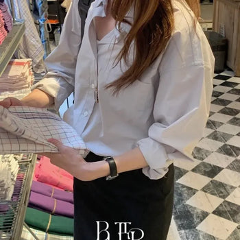 Claire Silk Cotton Shirt, Loose Fit Crispy Oversized Pocket Rolled-Up Long Sleeve Spring/Autumn Basic Daily Layering