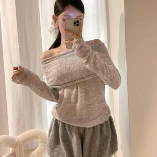 Rolling See-through Folding Off-shoulder Knit Top