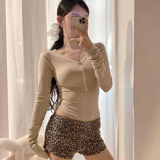 Glam Zip-up Low-Cut Long Sleeve T-Shirt