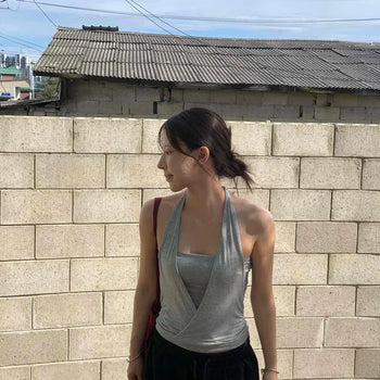 Halter Neck V-Neck Slim Fit Semi-Crop Sleeveless
