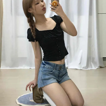 Puff Snap Square Neck Shirred Delicate Fit Crop Short Sleeve T-shirt