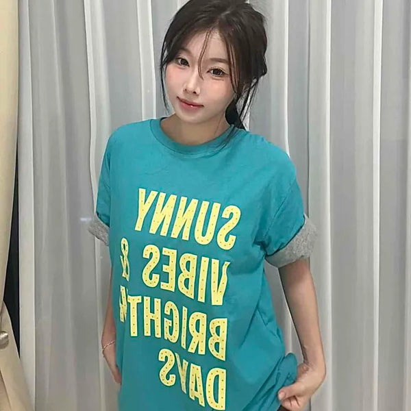 Rolled-up Contrast Polka Dot Lettering Boxy Round Neck Short Sleeve T-shirt