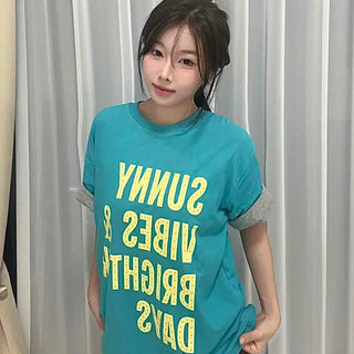 Rolled-up Contrast Polka Dot Lettering Boxy Round Neck Short Sleeve T-shirt