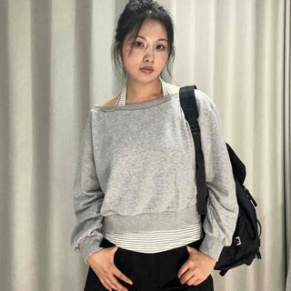 Premium Double-Sided Boat Neck Cropped Loose Fit Layered Sweatshirt