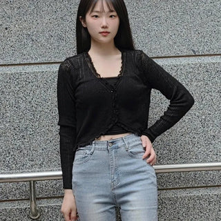Rabbit Asymmetrical See-through Frill Ribbed Cardigan