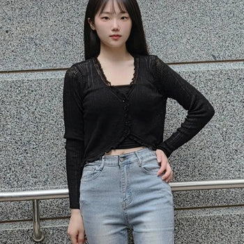 Rabbit Asymmetrical See-through Frill Ribbed Cardigan