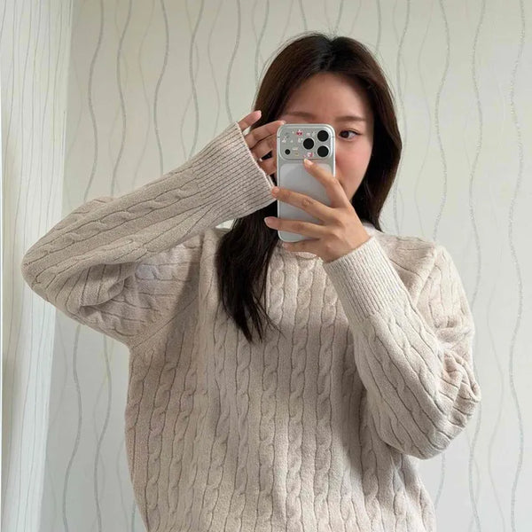 Cable Knit Raglan Round Neck Oversized Knit