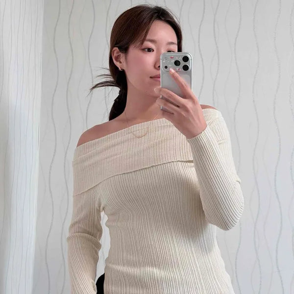 Off-shoulder Ribbed Diagonal Slit Asymmetrical Slim Fit Acrylic Knit