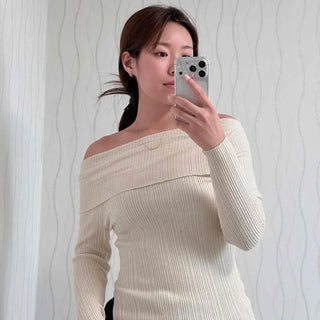 Off-shoulder Ribbed Diagonal Slit Asymmetrical Slim Fit Acrylic Knit