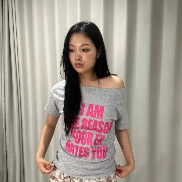 Boat Neck Lettering Loose Fit Short Sleeve T-shirt